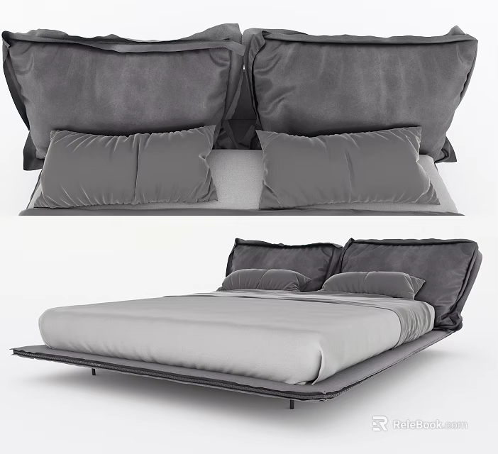 Modern Minimalist Double Bed With Soft Gray Pillows And Light Gray Bedspread 3d model 