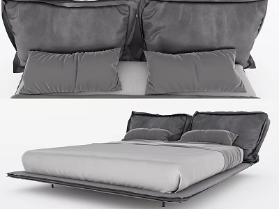 Modern Minimalist Double Bed With Soft Gray Pillows And Light Gray Bedspread 3d model