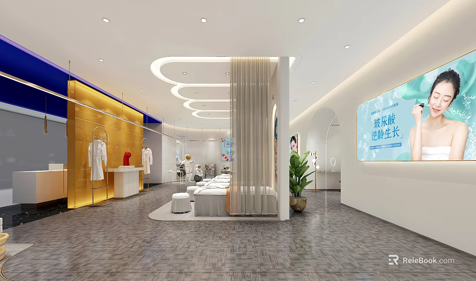 Modern Elegant Beauty Hair Salon Interior With Styling Stations Mirrors And Product Racks 3d model 
