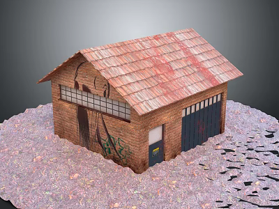 Red Brick Building With Tile Roof Graffiti Garage Door And Gravel Ground 3d model