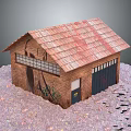 Red Brick Building With Tile Roof Graffiti Garage Door And Gravel Ground