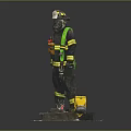 Firefighter Statue Wearing Uniform With Reflective Stripes And Yellow Fire Hose Reel On Base