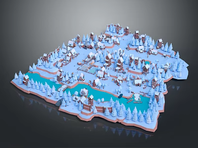 Cartoon Snowy Village Scene With Small Houses Pine Trees And Blue Lakes 3d model