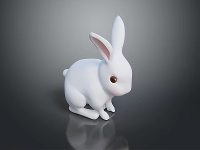 White Rabbit 3D Model Figurine With Long Ears Brown Eyes Sitting On Reflective Black Surface 3d model