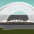 White Arched Architectural Structure with Slatted Design and Outdoor Tables Chairs Under Greenery Sky 3d model
