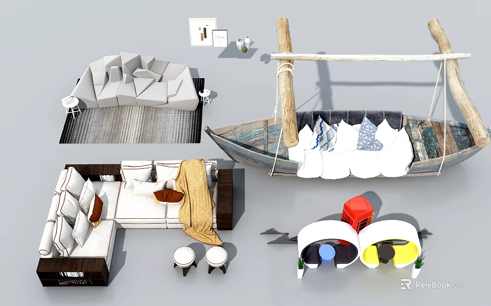 Modern Sofa Set With Upholstered Seats Throw Pillows And Ottoman Stools 3d model 