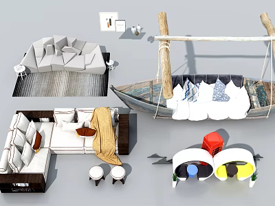 Modern Sofa Set With Upholstered Seats Throw Pillows And Ottoman Stools 3d model