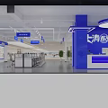 Modern Retail Store Interior Design With Blue Signage Counter And Chairs Layout