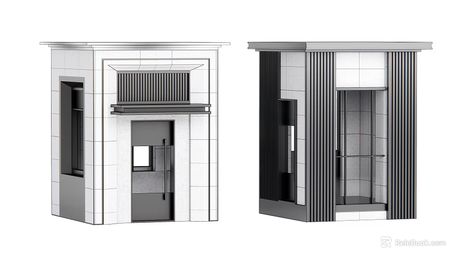 Two Different Modern Building Entrance Designs With Stone Wall Vertical Stripes And Glass Elements Grille Details 3d model 