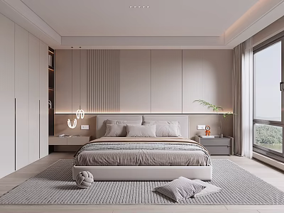 Modern Bedroom Interior Design With King Size Bed Nightstand Soft Carpet Pendant Light And Window 3d model