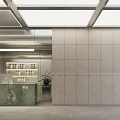Modern Store Front Desk With Green Marble Countertop Gray Wall Display Shelves Plant And Skylight