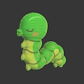 Green Caterpillar Toy Yellow Green Stripes Closed Eyes Pink Cheeks on Black Surface with Reflection