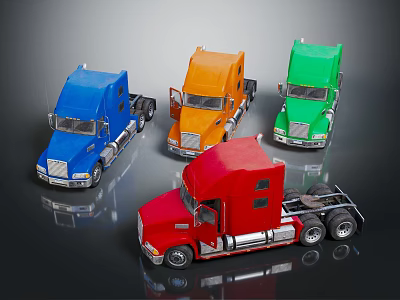 Four Colorful Toy Truck Models Blue Orange Green Red Arranged On Dark Reflective Surface 3d model