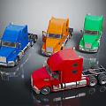 Four Colorful Toy Truck Models Blue Orange Green Red Arranged On Dark Reflective Surface