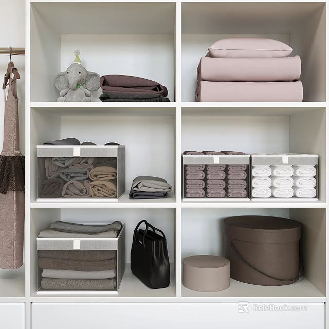 Brown and Transparent Storage Baskets for Closet Organization with Organized Towels and Clothes 3d model 