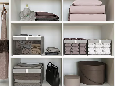 Brown and Transparent Storage Baskets for Closet Organization with Organized Towels and Clothes 3d model