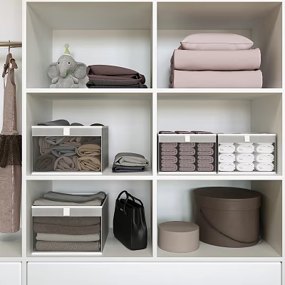 Brown and Transparent Storage Baskets for Closet Organization with Organized Towels and Clothes 3d model