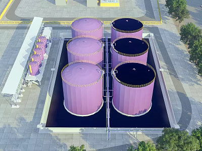 Aerial View Planning of Industrial Facility With Purple Storage Tanks And Black Tops 3d model