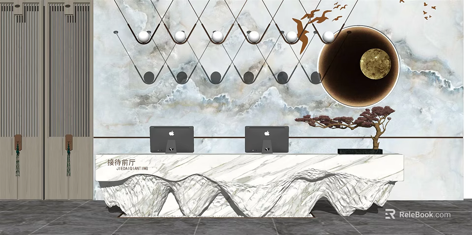 Marble Reception Desk With Mountain Landscape Backdrop Hanging Pendant Lights And Decorative Tree 3d model 