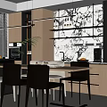 Modern Open Layout Dining Room Interior With Wooden Cabinets Dining Table Chairs And Pendant Lights