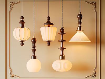 Elegant Vintage Pendant Lights With Wooden Accents And White Shades In Decorative Frame Setting 3d model
