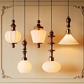 Elegant Vintage Pendant Lights With Wooden Accents And White Shades In Decorative Frame Setting