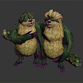Two Fluffy Sloth Characters With Green And Yellow Fur Standing Together