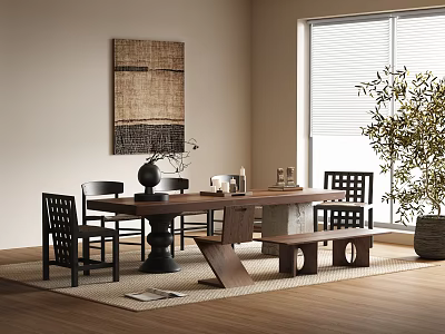 Modern Wooden Tea Table And Chairs In Cozy Interior With Decorative Painting And Potted Plant 3d model