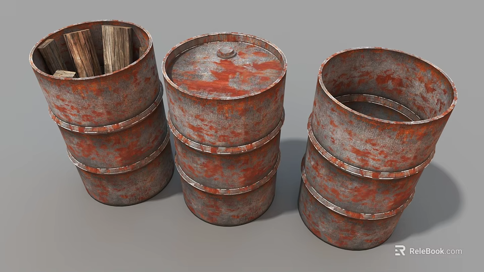Three Rusted Metal Industrial Drums Stacked For Storage In Workshop 3d model 