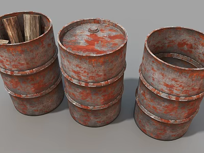Three Rusted Metal Industrial Drums Stacked For Storage In Workshop 3d model