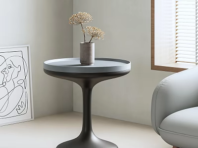 Modern Living Room Side Table With Round Top And Vase Of Dried Flowers 3d model