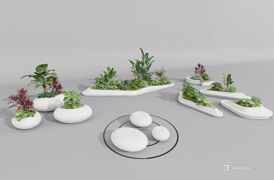 Park Landscape Design With Green Plants White Planters And Round Stones 3d model 