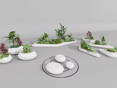 Park Landscape Design With Green Plants White Planters And Round Stones 3d model