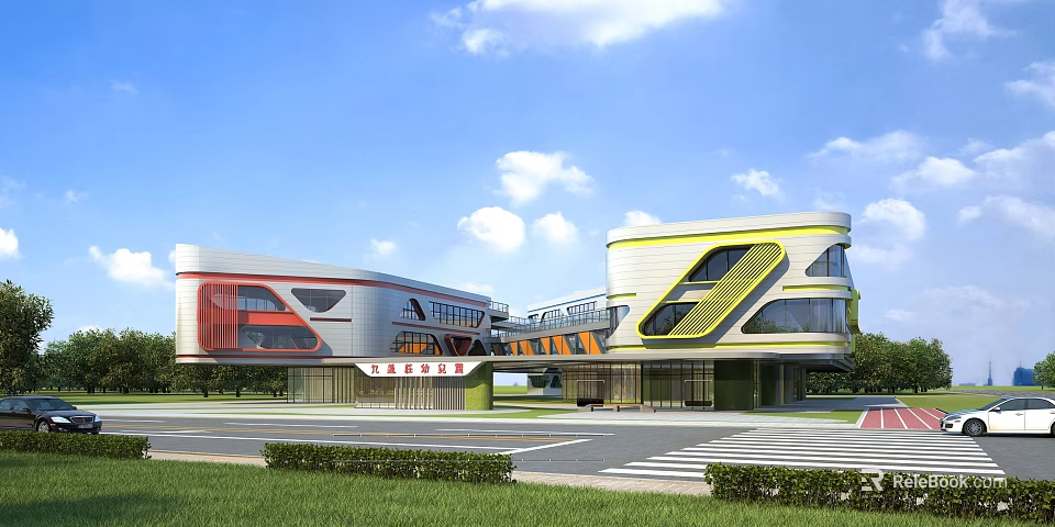 Modern School Building With Geometric Design Red Yellow White Facade Glass Windows And Green Lawn 3d model 