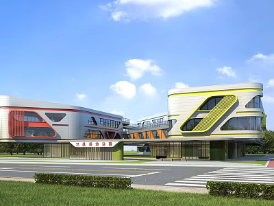 Modern School Building With Geometric Design Red Yellow White Facade Glass Windows And Green Lawn 3d model