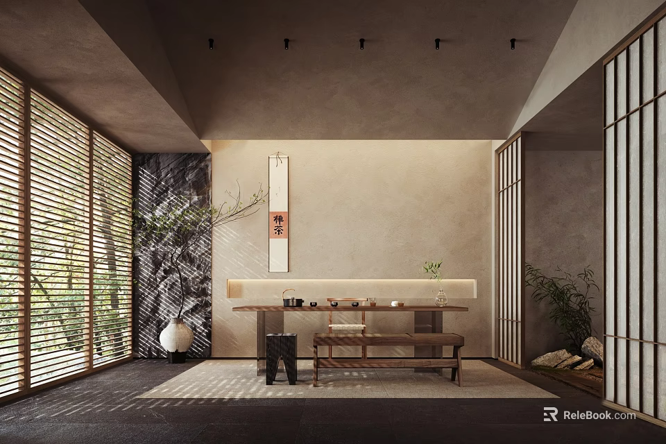 Traditional Zen Teahouse Interior With Wooden Table Bamboo Screens And Tea Sets 3d model 