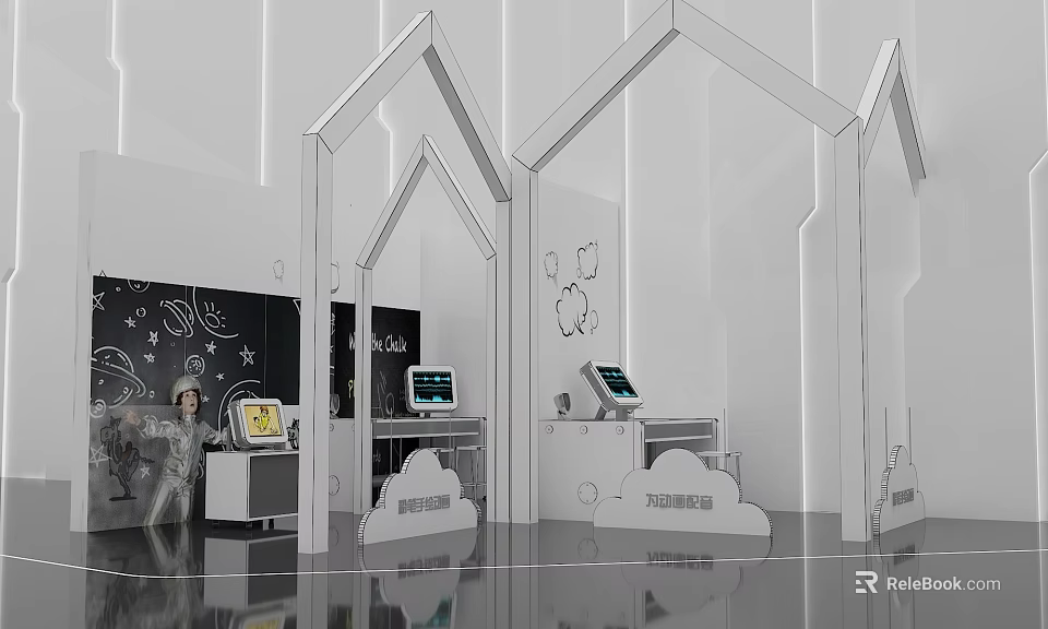 Kids Interactive Tech Space With House Shaped Structures Starry Blackboard Mars Exploration Cloud Decorations 3d model