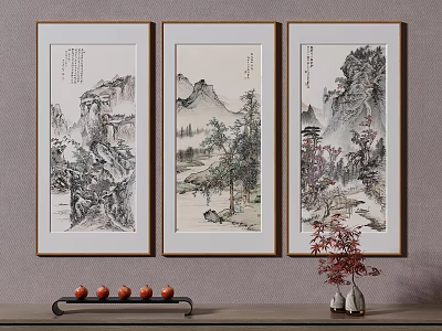 Traditional Chinese Landscape Paintings Hung On Wall With Decorative Pieces 3d model