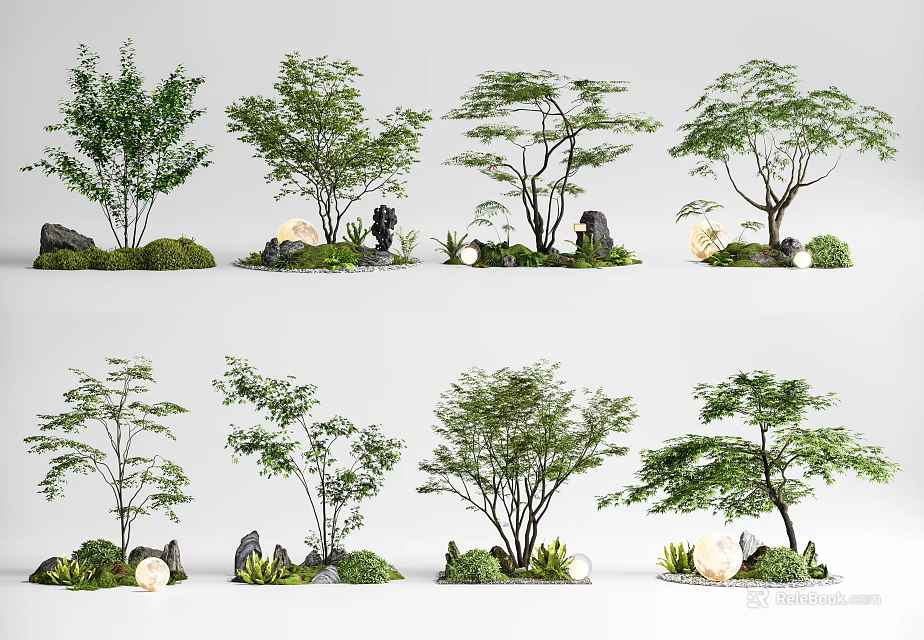 Beautiful Indoor Landscape Design With Various Trees Stones And Green Plants 3d model 