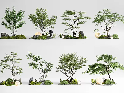 Beautiful Indoor Landscape Design With Various Trees Stones And Green Plants 3d model