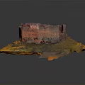 Ancient Fortress Ruins Red Orange Circular Structure with Weathered Stone Walls on Yellow Terrain