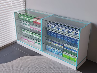 Display Shelves with Glass Doors and White Frames Holding Colorful Packaged Goods in Retail Store Setting 3d model