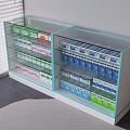 Display Shelves with Glass Doors and White Frames Holding Colorful Packaged Goods in Retail Store Setting