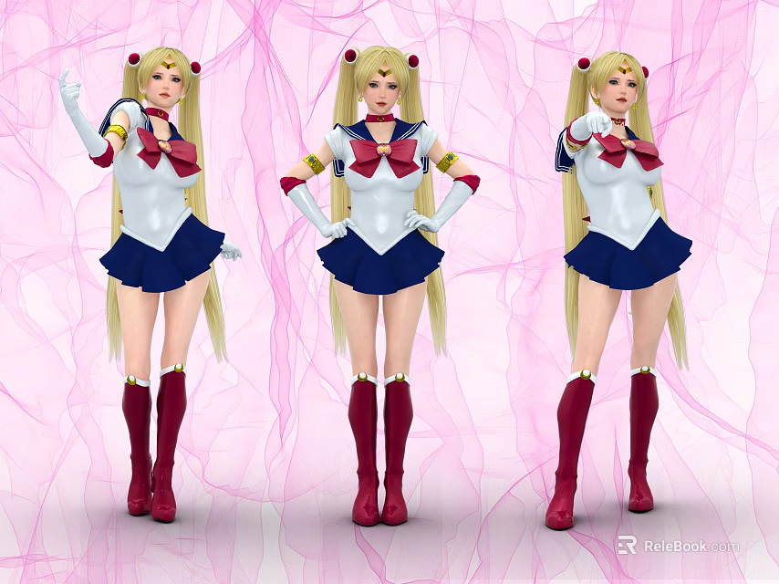 Game Movie Character Blonde Pigtails White Top Blue Skirt Red Bow Red Boots Pink Background 3d model 