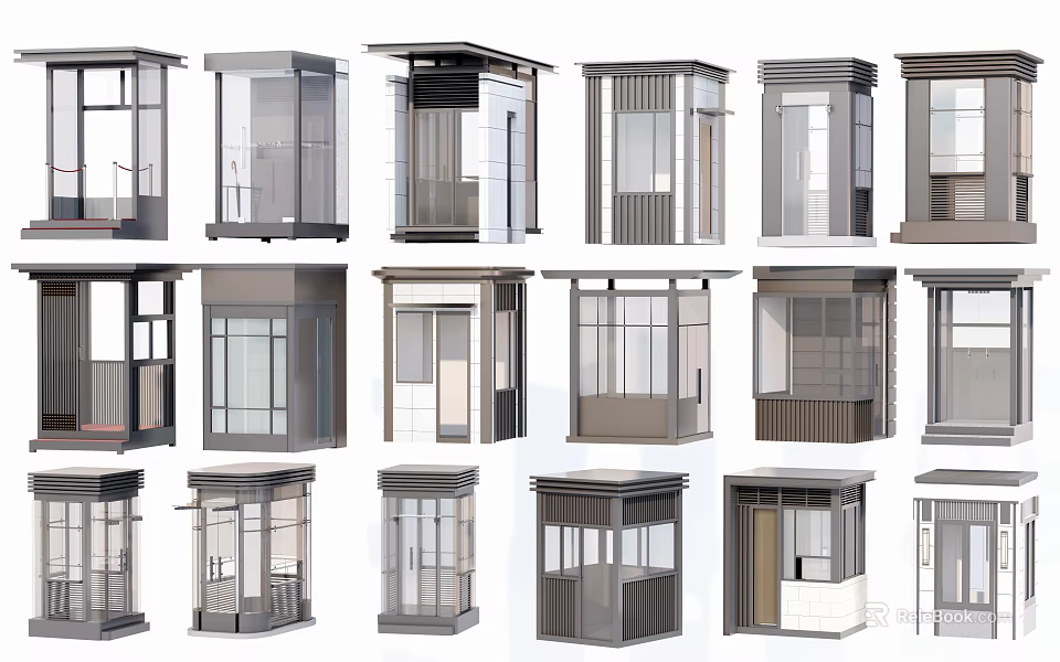 Multiple Modern Security Guard Booths With Glass Panels And Metal Frames 3d model 