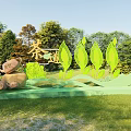 Tea Ceremony Themed Outdoor Lawn With Green Leaf Decorations Bear Doll And Tea Utensils