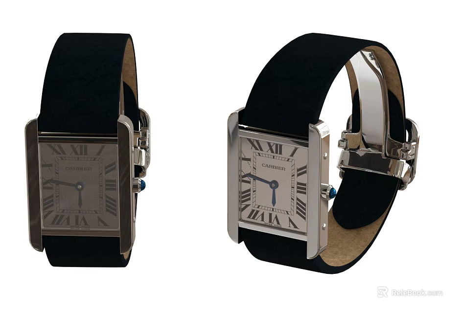 Elegant Square Dial Watches With Roman Numerals Black Leather Straps And Metal Cases 3d model 