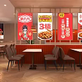 Nighttime Restaurant Exterior With Bright Red And White Neon Signage Large Windows And Visible Interior Tables