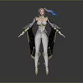 Female Character With White Outfit Golden Details Pink Blue Hair And Black Cape
