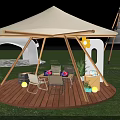 Various Types Of White Tents On Green Lawn With Conical Round Top And Wooden Bases
